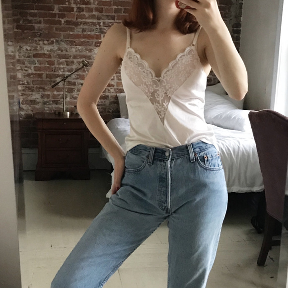 Vintage Tops - 90s Vintage Lace Silk Slip Top with Flower Detail